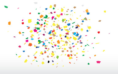 Confetti Celebration. Celebration or festival colorful background template with falling paper confetti and ribbons