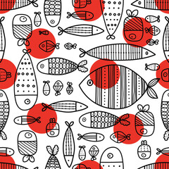 Cute fish and red polka dot. Kids background. Seamless pattern. Can be used in textile industry, paper, background, scrapbooking.
