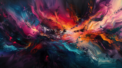 vibrant abstract painting with dynamic brushstrokes of red, orange, blue, and purple, energetic motion