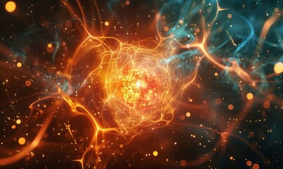 Obraz premium An abstract visualization of radiant atomic particles colliding, featuring a dynamic explosion of vibrant colors and energetic light patterns, symbolizing scientific phenomena and high-energy physics