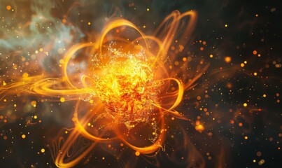 An abstract visualization of radiant atomic particles colliding, featuring a dynamic explosion of vibrant colors and energetic light patterns, symbolizing scientific phenomena and high-energy physics