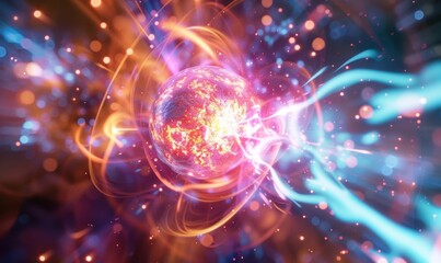 Obraz premium An abstract visualization of radiant atomic particles colliding, featuring a dynamic explosion of vibrant colors and energetic light patterns, symbolizing scientific phenomena and high-energy physics