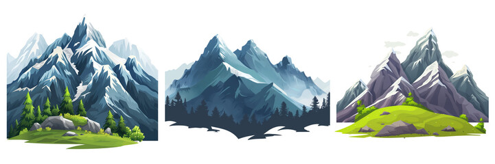 set of 2D mountain landscape isolated on transparent background
