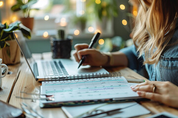 Individual planning their week with a calendar and planner, aiming for a balanced and productive schedule