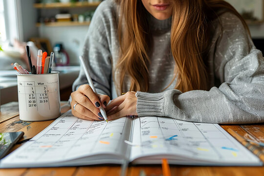 Individual planning their week with a calendar and planner, aiming for a balanced and productive schedule