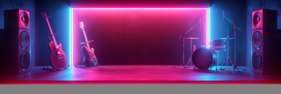 A neon sign with a guitar, bass, and drum set in the foreground