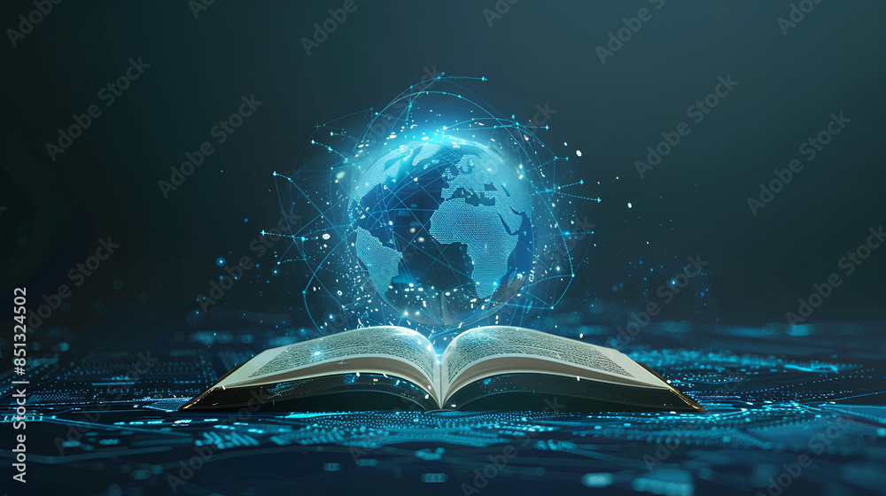 Canvas Prints futuristic global education with open book and globe map on blue background