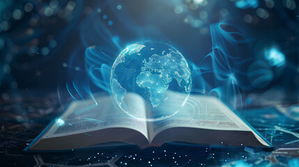 Futuristic global education with open book and planet map on blue background