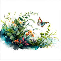 Obraz premium There is a butterfly that is flying over some flowers on a white background