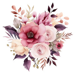 Watercolor flowers with a pink one on a white background