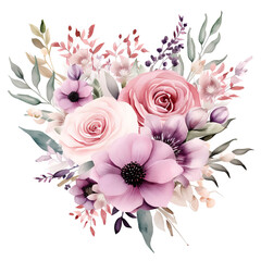 Watercolor flowers with a pink one on a white background