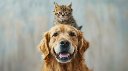 A dog and kitten sitting on top of each other.