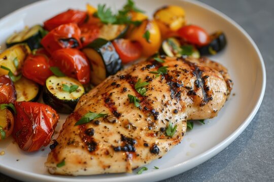 A plate of grilled chicken and roasted vegetables served on a clean, white plate