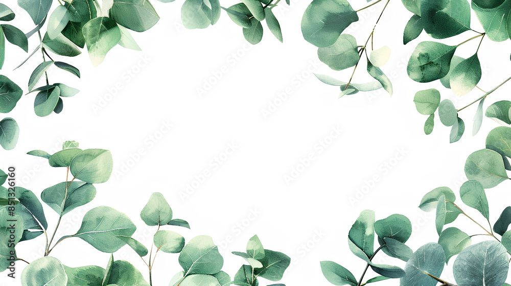Wall mural herbal eucalyptus leaves frame isolated on a white background. greenery wedding simple minimalist in - Wall murals