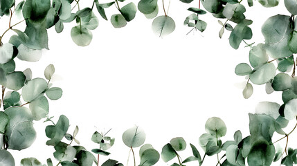 Herbal eucalyptus leaves frame isolated on a white background. Greenery wedding simple minimalist invitation. Watercolor style card