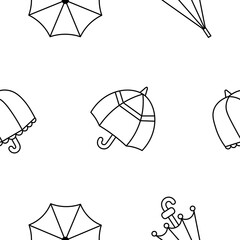 Open and closed umbrella. Seamless pattern. Coloring Page. Autum or spring season. Protection of rain. Hand drawn style. Vector drawing. Design ornaments.