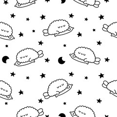 Funny tempura shrimp characters. Seamless pattern. Coloring Page. Cute cartoon japanese food. Hand drawn style. Vector drawing. Design ornaments.