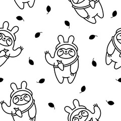Cute kawaii sloth character. Seamless pattern. Coloring Page. Cartoon funny wild animal. Hand drawn style. Vector drawing. Design ornaments.