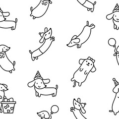 Happy kawaii dachshund. Seamless pattern. Coloring Page. Cute cartoon dog characters. Hand drawn style. Vector drawing. Design ornaments.