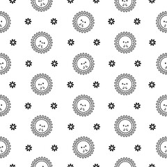 Cute kawaii sun with face. Seamless pattern. Coloring Page. Cartoon smiling characters. Hand drawn style. Vector drawing. Design ornaments.