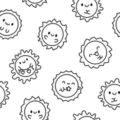 Cute kawaii sun with face. Seamless pattern. Coloring Page. Cartoon smiling characters. Hand drawn style. Vector drawing. Design ornaments.