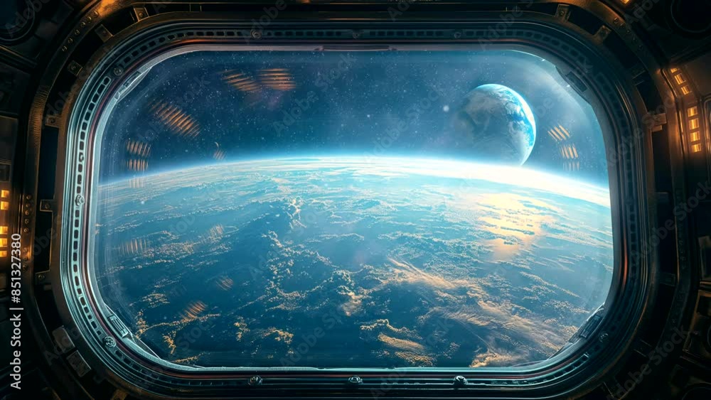 Wall mural spacecraft window with a breathtaking view of outer space. seamless looping time-lapse animation bac