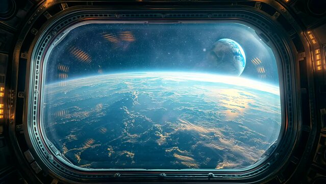 Spacecraft window with a breathtaking view of outer space. Seamless looping time-lapse animation background
