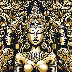 Creative Solid Golden, Goddess woman very beauty with Asian features traditional, vector flat dark background