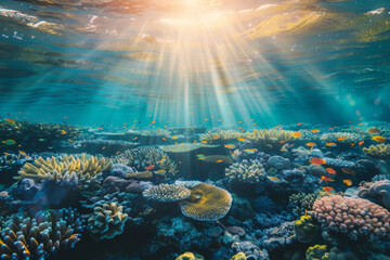 Obraz premium underwater coral reef with colorful fish and sea plants, sunlight rays shining through the water surface