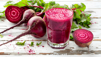 Beetroot smoothie in a large glass, fresh beets with tops, old wooden background