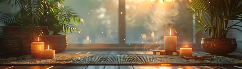 Tranquil spa scene with glowing candles, plants, and natural sunlight. Perfect for relaxation and meditation themes.