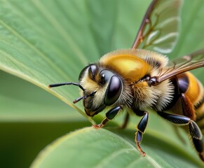 Detailed macro photograph of a hoverfly perched on a green leaf, showcasing its intricate body patterns and vibrant colors. This image highlights the beauty and complexity of insect life, ideal for