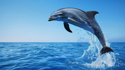 Fototapeta premium dolphin jumping out of the water with a sea background in daylight