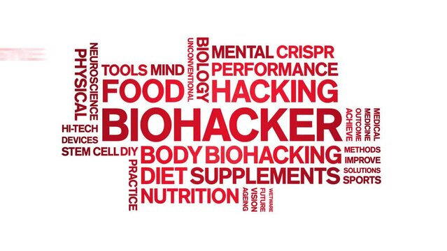 Biohacker animated word cloud;text design animation tag kinetic typography seamless loop.