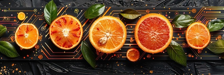 Citrus Fruit Arrangement on a Black Surface With Circuit Pattern