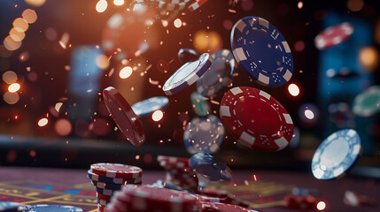 Dynamic image of poker chips flying through the air with a bokeh background, capturing the fast-paced energy of casino action.