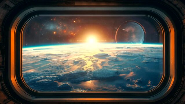 Stunning view of outer space from a spacecraft window. Seamless looping time-lapse animation background