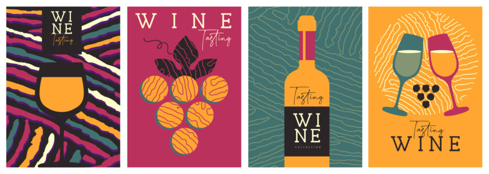Set of modern magazine covers or posters with wine bottles and glasses. Restaurant abstract flat menu design. Wine tasting. Vector illustration