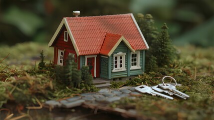 A miniature model of a cozy tiny house with a set of silver keys placed beside it, symbolizing the concept of purchasing a small home or property in the real estate market