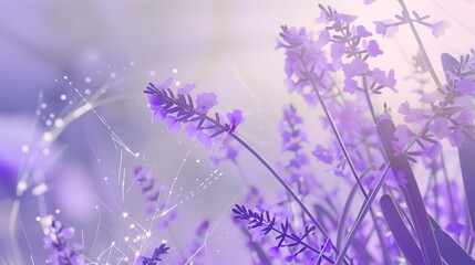 Naklejka premium Digital lavender, close-up, soft purple blooms, fine digital lines, glowing light, soft gradient background. 