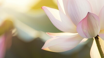 Fototapeta premium Lotus flower, macro shot, soft pink and white, gentle sunlight, high detail, serene water backdrop, Oriental elegance.