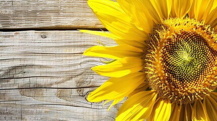 Wild sunflower, close-up, vibrant yellow petals, warm sunlight, high detail, rustic wooden background.