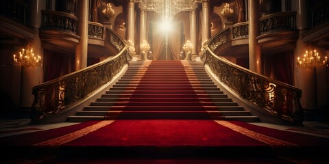 Stunning red carpet leads to VIP staircase under soft ambient lighting. Concept Luxurious Event Design, Red Carpet Entrance, VIP Staircase, Ambient Lighting, Elegant Decor