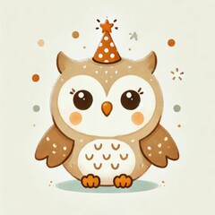 cute owl, birthday theme. earth tone color, watercolor illustration, Perfect for nursery art, simple clipart, single object, white color background.