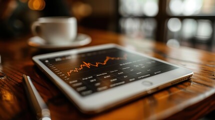 Tablet Displaying Business Analytics on Wooden Table