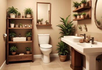 Fototapeta premium Modern bathroom interior with a white ceramic toilet, a white porcelain pedestal sink, and wooden shelves displaying assorted potted succulents and decorative items