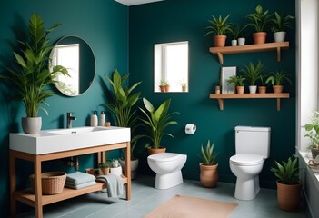 Modern bathroom interior with a white ceramic toilet, a white porcelain pedestal sink, and wooden shelves displaying assorted potted succulents and decorative items