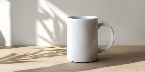 Fototapeta premium Realistic white blank mug mockup photo centered professional photo copy space selective focus. Concept Mockup, White Mug, Photo, Copy Space, Selective Focus