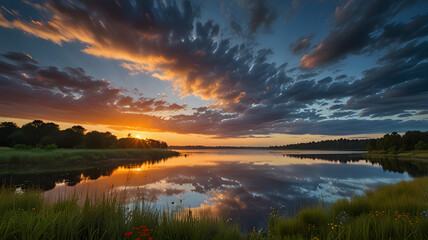 Fototapeta premium Majestic Landscape Rolling Hills and Serene Waters Under a Dramatic Sky