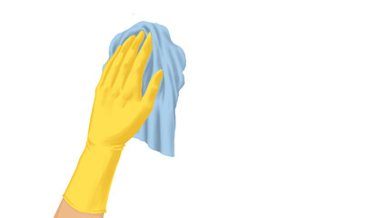 close up of a hand wearing yellow latex gloves, cleaning on a white background. Cleaning or housekeeping concept background. Frame for text or advertising